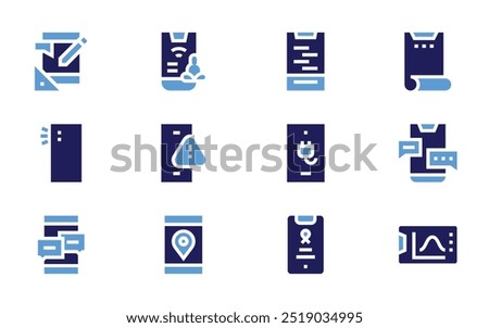 Smartphone icon set. Bold style. Duotone colors. smartphone, mobile app, charging, chating, mobile phone, flexible screen, graph.