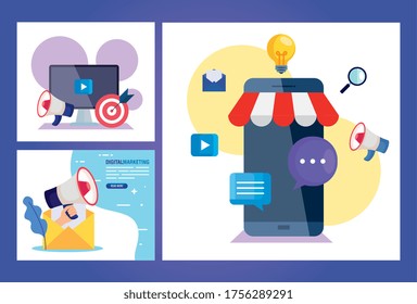 Smartphone mit Symbolsatz-Design, Digital-Marketing und E-Commerce-Thema Vektorgrafik