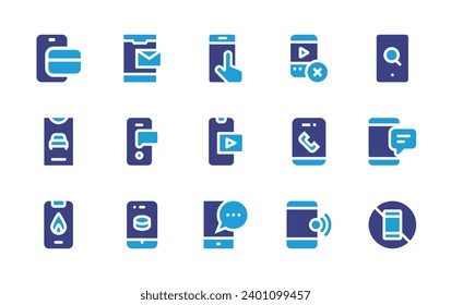 Smartphone icon set. Duotone color. Vector illustration. Containing touch, smartphone, mobile, mobile phone, search engine, sms, no phone, online payment, car, phone, message, chat, puck.