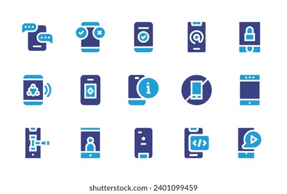 Smartphone icon set. Duotone color. Vector illustration. Containing booking, smartphone, phone case, no mobile phone, mobile, padlock, gps, phone, chat, nanotechnology, auction, profile.