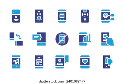 Smartphone icon set. Duotone color. Vector illustration. Containing mobile app, mobile development, smartphone, mobile, app development, no phone, chat.