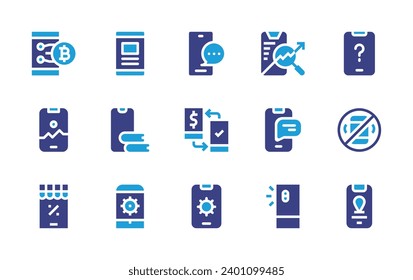 Smartphone icon set. Duotone color. Vector illustration. Containing chat, marketing, online transfer, settings, smartphone, mobile store, mobile, question, no phone, location.