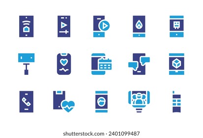 Smartphone icon set. Duotone color. Vector illustration. Containing smartphone, mobile, mobile phone, selfie stick, phone call, play button, report, transport, chatting, selfies.