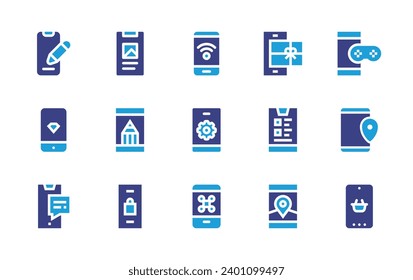 Smartphone icon set. Duotone color. Vector illustration. Containing wireless, voucher, mobile development, smartphone, mobile app, mobile map, game, location, ecommerce.