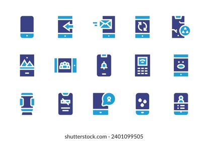 Smartphone icon set. Duotone color. Vector illustration. Containing smartphone, broken smartphone, mobile, holder, email, alarm.