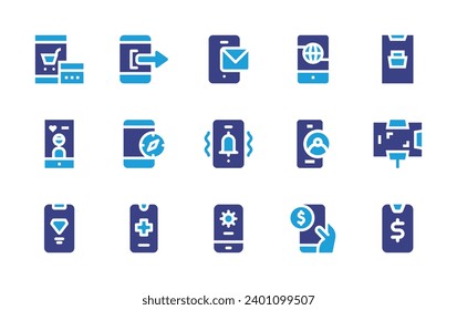 Smartphone icon set. Duotone color. Vector illustration. Containing cellphone, donation, smartphone, broadcast, profile, online shopping, phone call.