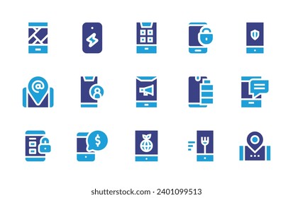 Smartphone icon set. Duotone color. Vector illustration. Containing smartphone, cellphone, mobile phone, mobile, padlock, battery, order food, map, placeholder.