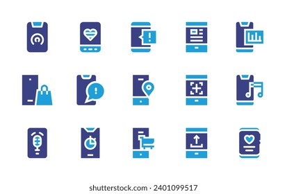 Smartphone icon set. Duotone color. Vector illustration. Containing smartphone, mobile shopping, mobile chat, mobile phone, emergency call, location, shopping cart.