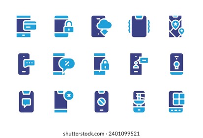 Smartphone icon set. Duotone color. Vector illustration. Containing smartphone, no cellphone, mobile app, vibration, chat, messages, online payment, videocall, app.