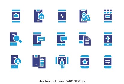 Smartphone icon set. Duotone color. Vector illustration. Containing smartphone, mobile, document, real estate, health care, online shop, chat, upload, selfie, remote control, camera, search, user.