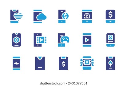 Smartphone icon set. Duotone color. Vector illustration. Containing smartphone, mobile phone, coin, gamepad, money.