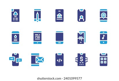 Smartphone icon set. Duotone color. Vector illustration. Containing online banking, smartphone, mobile game, mobile banking, gps, app, apps, weather app, chat, news, mail.