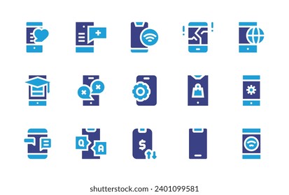 Smartphone icon set. Duotone color. Vector illustration. Containing smartphone, settings, mobile banking, mobile shopping, broken smartphone, global, wifi, phone, conversation.