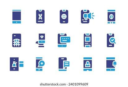Smartphone icon set. Duotone color. Vector illustration. Containing network, digital marketing, mobile payment, smartphone, mobile message, mobile phone, coffee, search, notification.