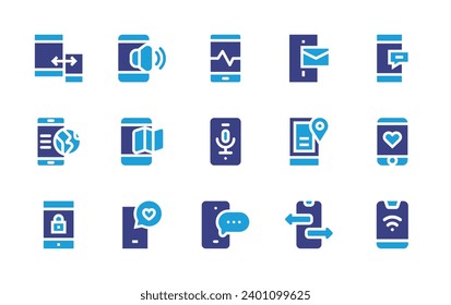 Smartphone icon set. Duotone color. Vector illustration. Containing chat, transfer, smartphone, mobile, message, location, responsive, internet.