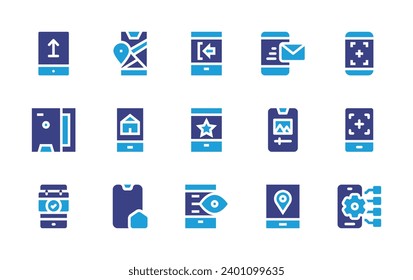 Smartphone icon set. Duotone color. Vector illustration. Containing smartphone, mobile phone, mobile app, mail, photo editing, gps, upload, phone case, reminder.