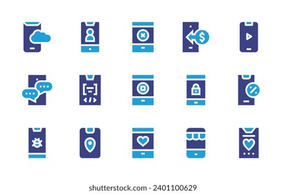 Smartphone icon set. Duotone color. Vector illustration. Containing smartphone, mobile phone, padlock, online shop, cloud storage, chat, virus, transfer.