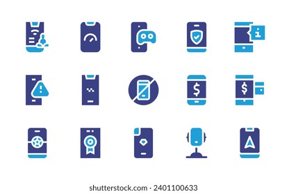 Smartphone icon set. Duotone color. Vector illustration. Containing videogame, shield, no smartphones, phone, phone case, smartphone, mobile, info, payment method, gps.