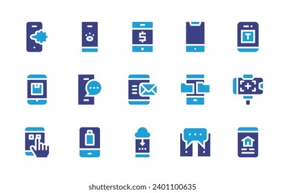 Smartphone icon set. Duotone color. Vector illustration. Containing mobile banking, smartphone, mobile phone, text, selfie, app, conversation.