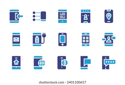 Smartphone icon set. Duotone color. Vector illustration. Containing smartphone, cellphone, voting, app, text message, login, email, smart home.