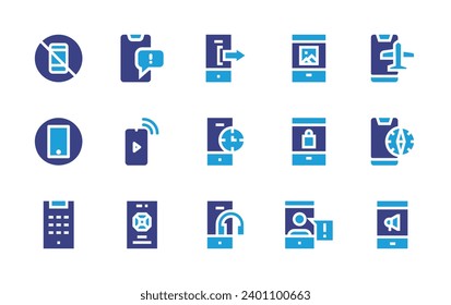 Smartphone icon set. Duotone color. Vector illustration. Containing no smartphones, mobile chat, smartphone, mobile phone, mobile, mobile marketing, logout, clock, headphone.