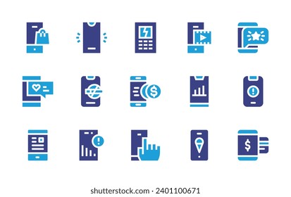 Smartphone icon set. Duotone color. Vector illustration. Containing smartphone, mobile data, payment method, message, warning, video player, graphics, app, broken, payment, shopping bag.