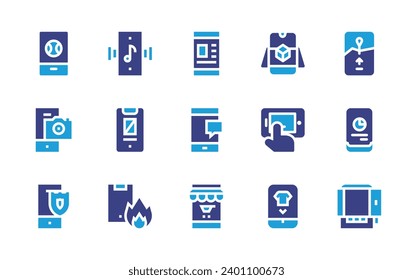 Smartphone icon set. Duotone color. Vector illustration. Containing smartphone, mobile, analytics, payment method, touch screen, buy, online shop, chat, ecommerce, baseball, camera, shield, augmented.