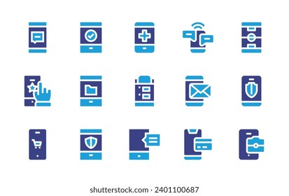 Smartphone icon set. Duotone color. Vector illustration. Containing mobile phone, smartphone, mobile store, cellphone, phone, payment method, chat.