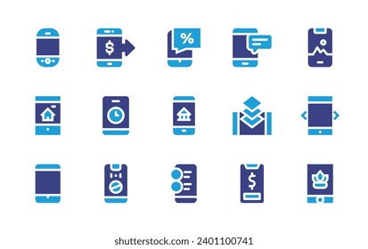 Smartphone icon set. Duotone color. Vector illustration. Containing mobile phone, mobile app, mobile, smartphone, mobile money, contact, promotion, online banking.