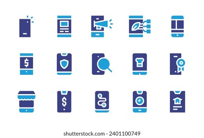 Smartphone icon set. Duotone color. Vector illustration. Containing payment, smartphone, mobile shop, money, mobile phone, mobile app, search, route, marketing.