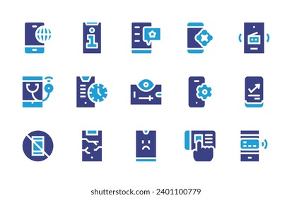 Smartphone icon set. Duotone color. Vector illustration. Containing smartphone, mobile, browser, telemedicine, no phone, analytics, payment method, radio.