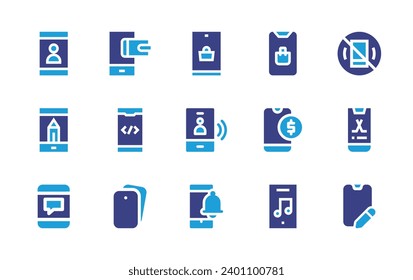 Smartphone icon set. Duotone color. Vector illustration. Containing smartphone, mobile payment, mobile coding, smartphones, shopping, no phone, mobile phone, online shop, touch screen.