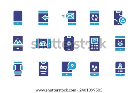 Smartphone icon set. Duotone color. Vector illustration. Containing smartphone, broken smartphone, mobile, holder, email, alarm.