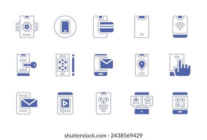 Smartphone icon set. Duotone style line stroke and bold. Vector illustration. Containing smartphone, handphone, phone, unlock, app, message, location, prototype, phone message, qr code, taxi.