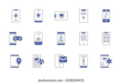 Smartphone icon set. Duotone style line stroke and bold. Vector illustration. Containing shield, app, travel, food delivery, apps, game, stats, phone, dna, location, tablet, email.