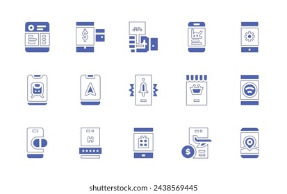 Smartphone icon set. Duotone style line stroke and bold. Vector illustration. Containing payment method, phone, purchase, settings, gps, online shopping, train, wifi, hotel, flight, online pharmacy.