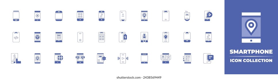 Smartphone icon set. Duotone style line stroke and bold. Vector illustration. Containing smartphone, phone case, mobile game, low battery, mobile banking, smartphones, mobile phone, mobile chat.