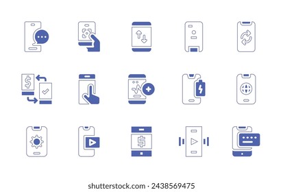 Smartphone icon set. Duotone style line stroke and bold. Vector illustration. Containing chat, sync, smartphone, phone case, qr code, online transfer, network, medical app, low battery, touch, setting