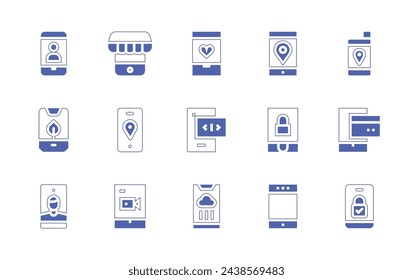 Smartphone icon set. Duotone style line stroke and bold. Vector illustration. Containing phone, gps, love, location, online store, payment, ux, padlock, selfie, lock, weather forecast, video player.