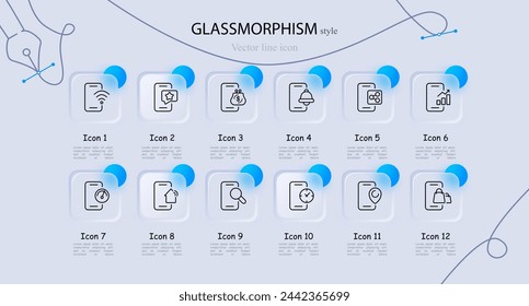 Smartphone icon set. Favorites, contacts, share, magnifying glass, internet, speed, gps, online shopping. Glassmorphism style. Vector line icon for business and advertising