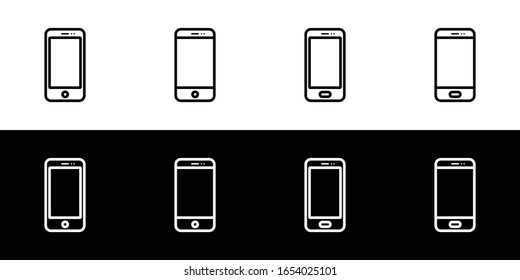 Conjunto de iconos de Smartphone. Colección de iconos de diseño plano aislada en fondo blanco y negro. Teléfono móvil o mano con un solo botón. 