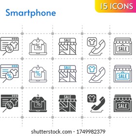 smartphone icon set. included online shop, shop, phone call icons on white background. linear, bicolor, filled styles.