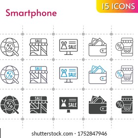 smartphone icon set. included online shop, shop, wallet, internet icons on white background. linear, bicolor, filled styles.