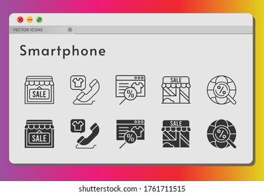 smartphone icon set. included online shop, shop, phone call, internet icons on white background. linear, filled styles.