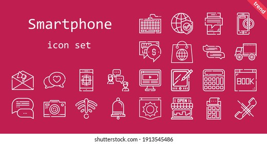 smartphone icon set. line icon style. smartphone related icons such as calculator, keyboard, smartphone, store, photo camera, tablet, notification, side view, computer, phone, chat, browser