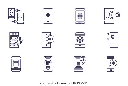 Smartphone icon set. Line style. Editable stroke. coffee, video, smartphone, mobile, location, mobile banking, mobile app, mobile phone.