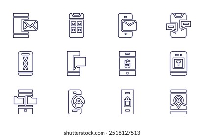 Conjunto de iconos de smartphone. Estilo de línea. Email, chat, banca móvil, texto, mapa móvil, teléfono inteligente, bienes raíces, obturador de la cámara.