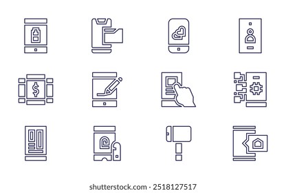 Conjunto de ícones do smartphone. Estilo da linha. AVC editável. namoro aplicativo, smartphone, celular, gráfico de pizza.