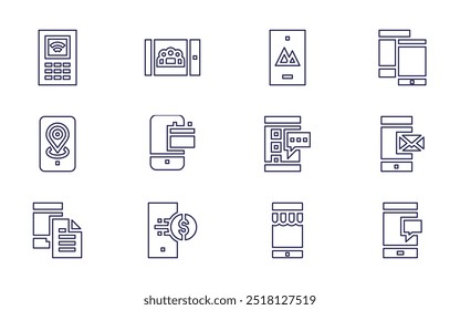 Smartphone icon set. Line style. Editable stroke. login, mobile phone, compass, computer, smartphone, document, online banking, gps.
