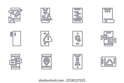 Smartphone-Symbolsatz. Linienstil. Bearbeitbarer Strich. aufladen, chatten, passwort, sicher, zahlungsmethode, smartphone, flexibler bildschirm, mobiltelefon, graph, mobile app.